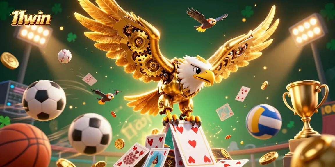 Engage with 11WIN, a vibrant casino scene featuring a golden eagle and dynamic gaming elements.