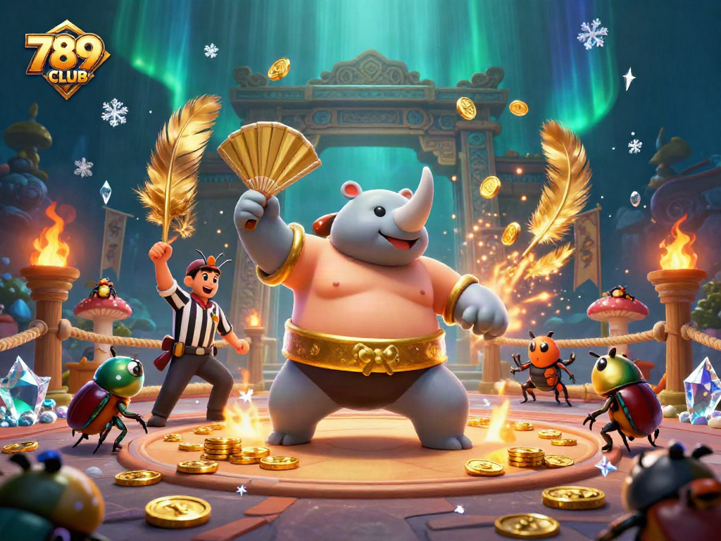Experience thrilling wins at 789CLUB with a lively sumo battle amidst gold coins and bets.