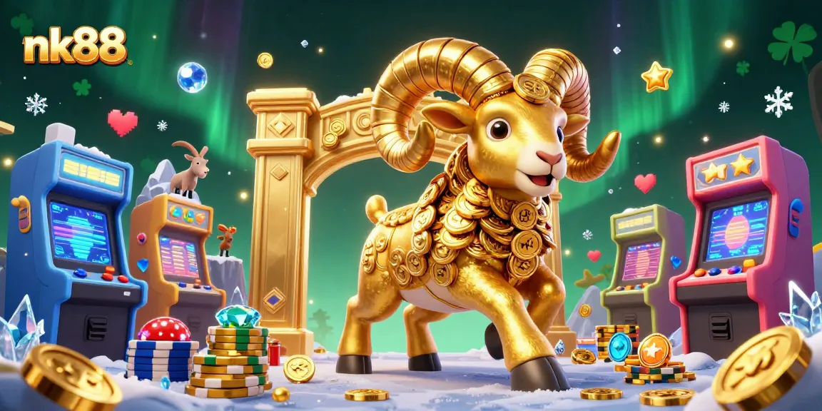 Join the thrilling action at nk88, featuring a charging golden ram amidst vibrant arcade game machines.