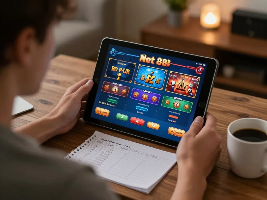 Player engaging in Net 88 online gaming session, focused on betting strategy with tablet