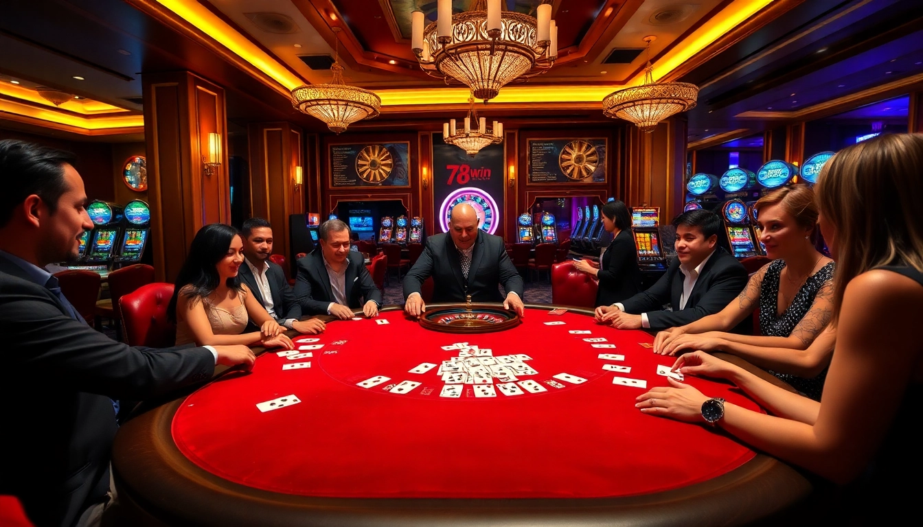 A high-stakes poker game scene at a luxury casino showcasing 78win Com branding in an elegant setting.