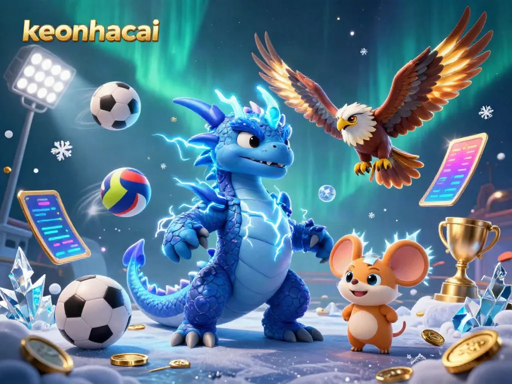 Experience the exhilarating energy of keonhacai with a dynamic 3D illustration featuring a thunder dragon, glowing hawk, and sports elements.
