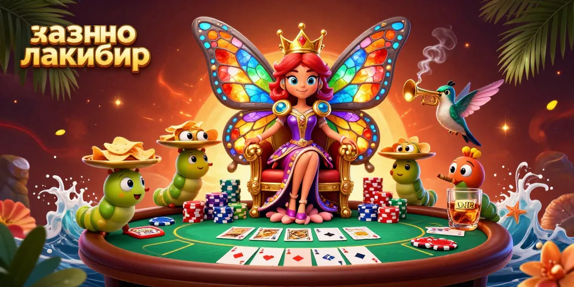 Score big at казино лакибир with a vibrant, detailed scene featuring a butterfly queen and poker-themed elements.