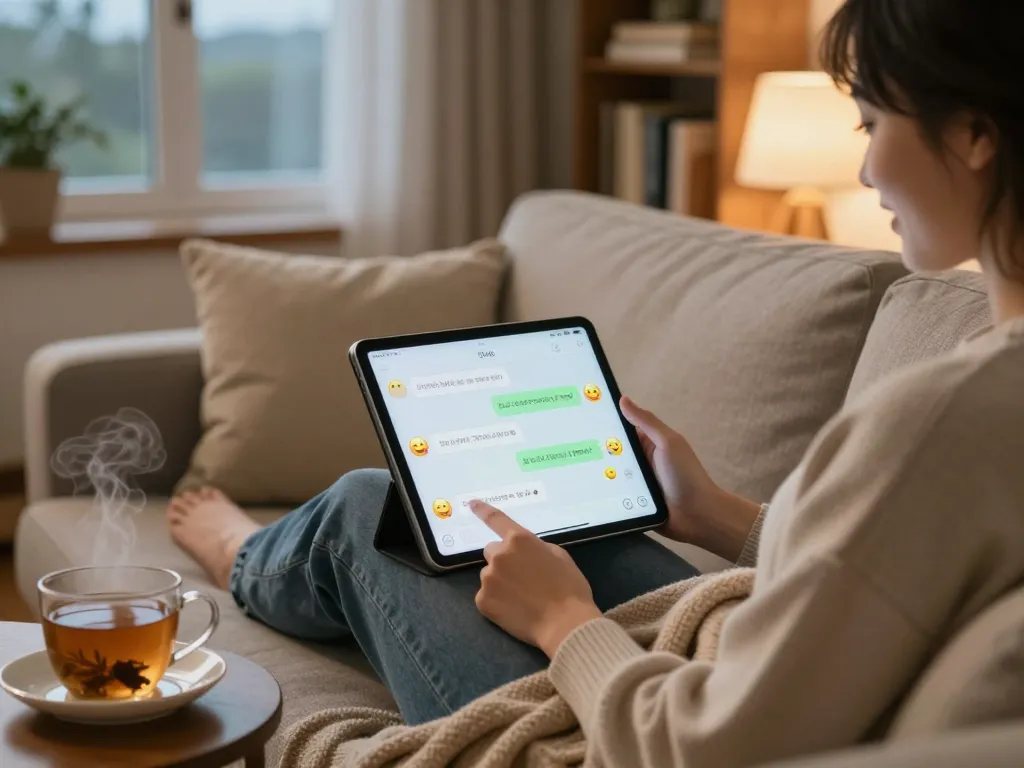Engaging chat with girlfriend AI on a tablet in a cozy home setting.