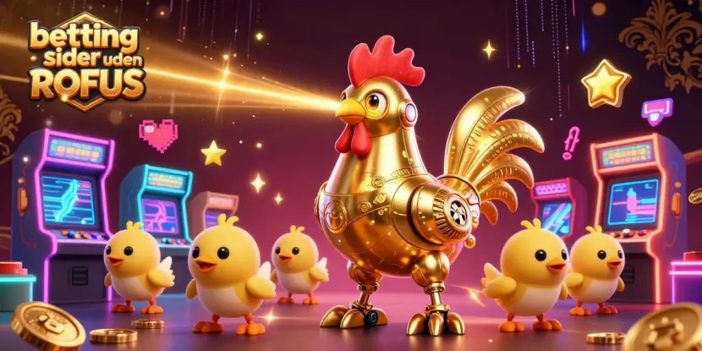 Experience vibrant betting sider uden ROFUS with a retro-futuristic rooster robot and gaming elements.