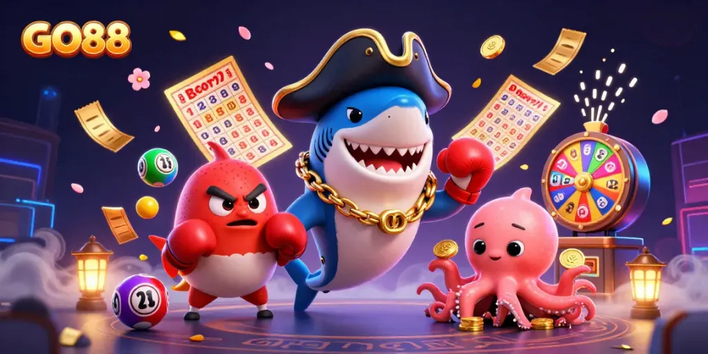 Engage with the GO88 excitement featuring vibrant characters and engaging gambling elements in action.