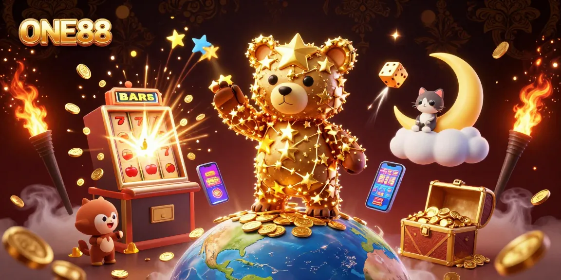 Engage with exciting ONE88 slot machine actions featuring golden coins, a constellation bear, and vibrant animations.