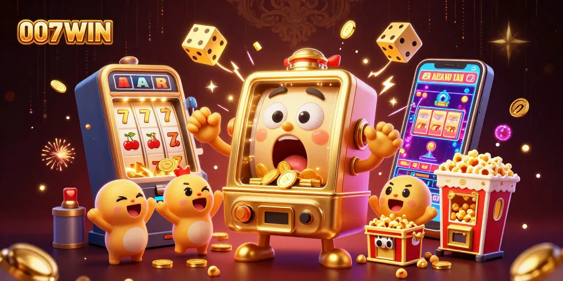 Experience 007WIN's thrilling slot action as a golden slot machine hits the jackpot, showering coins!