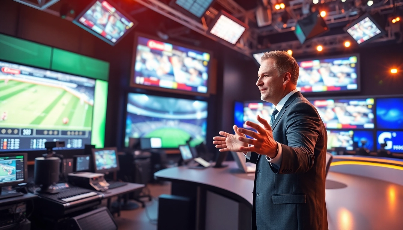 Engaging scene of Sports Broadcasting presenter discussing live game coverage.