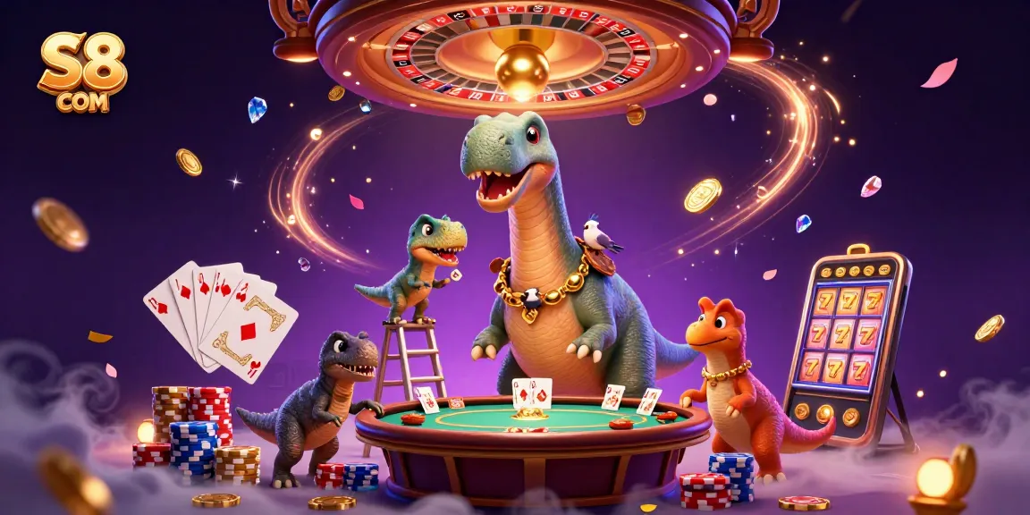 Experience vibrant casino adventures with S8 COM amidst a whimsical brontosaurus and clever raptor.