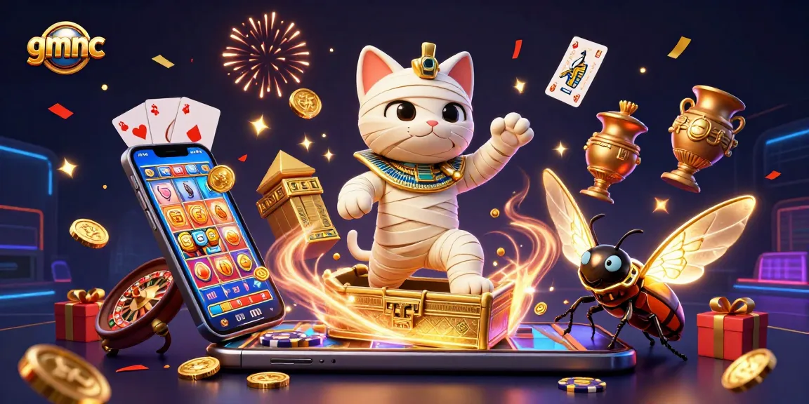 Experience gmnc excitement with a dynamic illustration of a casino scene featuring a mummy cat and golden elements.