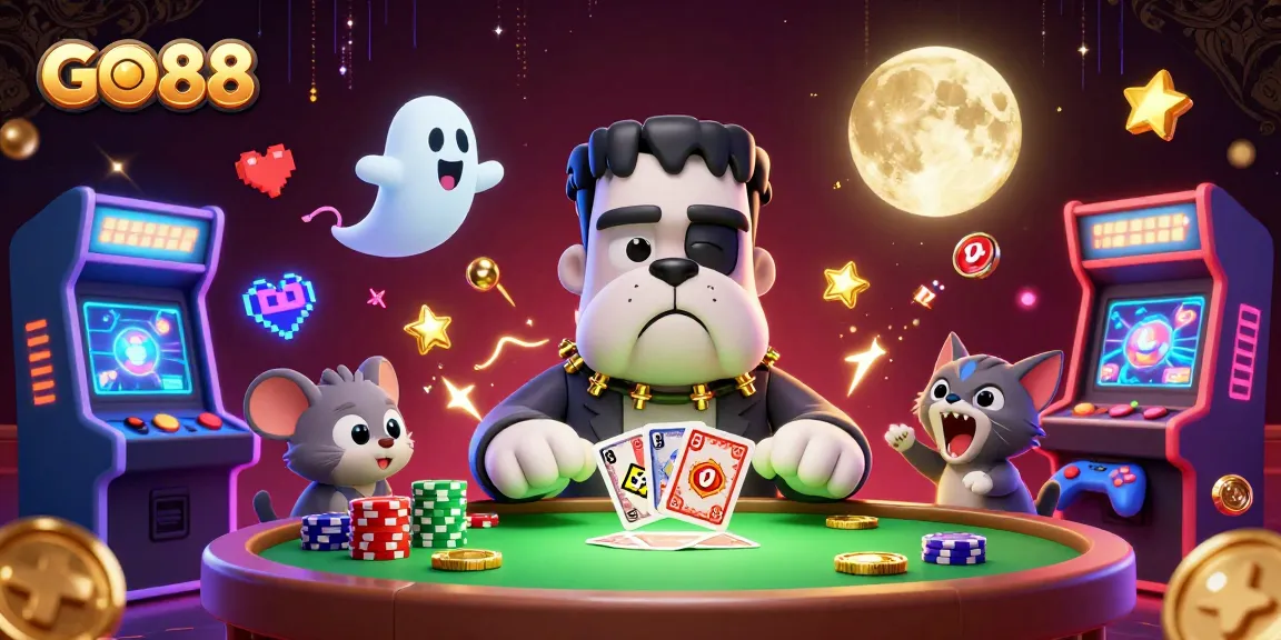 GO88 offers an exciting gaming experience with a cartoon Frankenstein bulldog dealer, enhancing the vibrant casino atmosphere.
