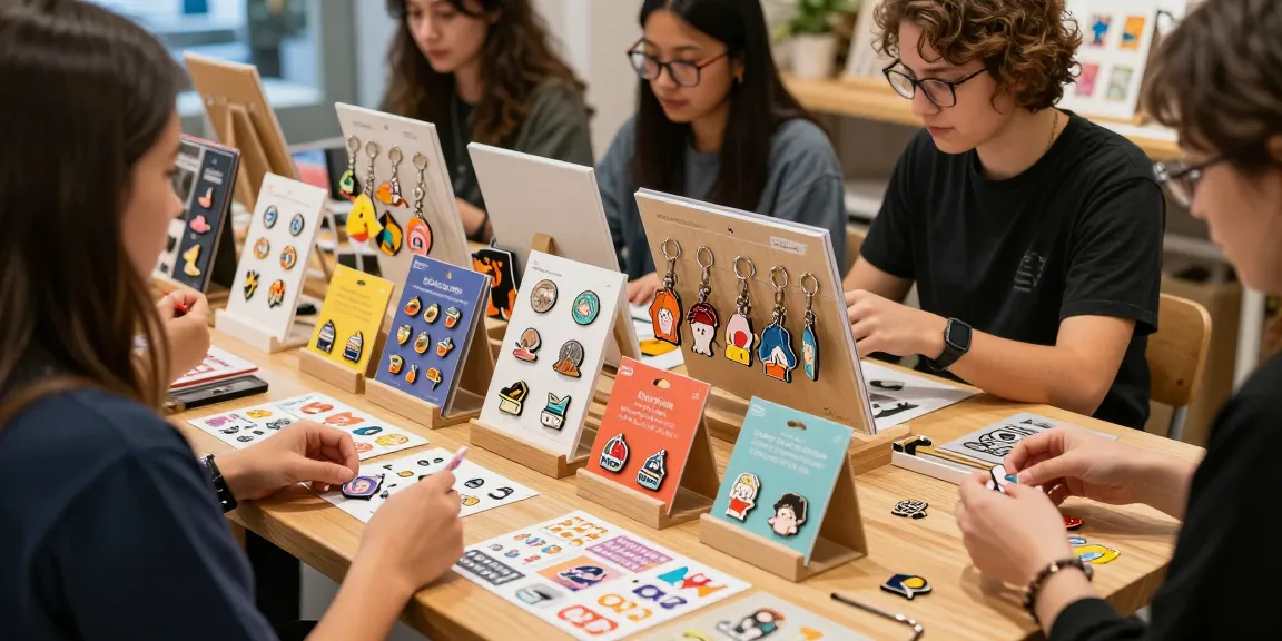 Custom enamel pins displayed creatively on a wooden table, inviting personal expression through unique designs.