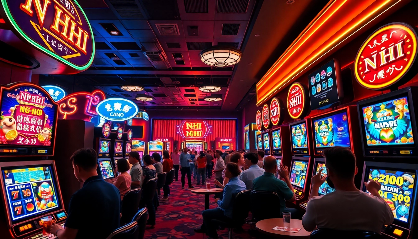 Nổ Hũ jackpot celebration in a vibrant casino environment with players and glowing slot machines.