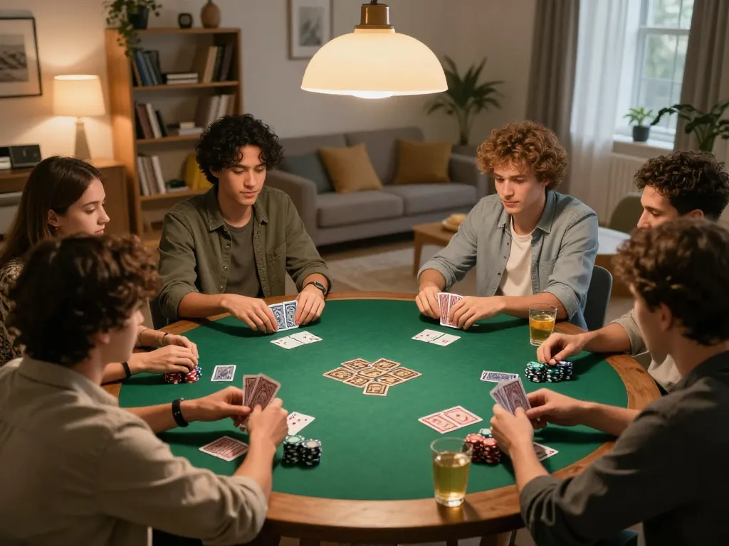 Friends strategizing over poker cards while gaming on 888bgo in a cozy home setting.