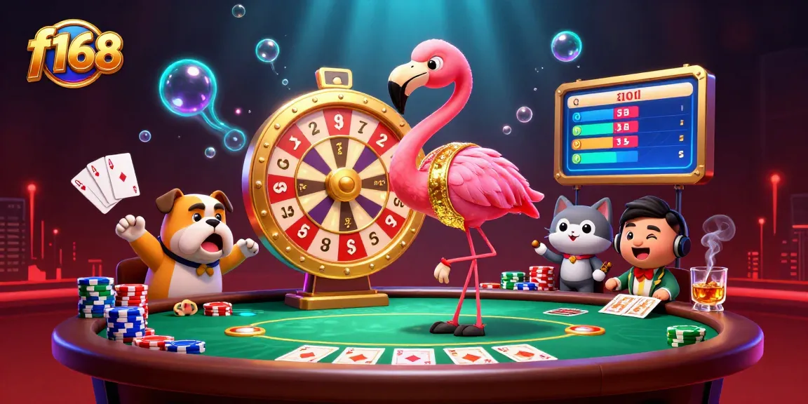 Experience thrilling gambling action at f168 with a vibrant game show scene featuring colorful poker elements.