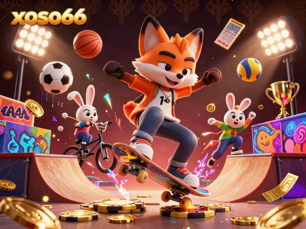 Xoso66 brings thrilling action to life with a skateboarder fox and BMX rabbit, vibrant with casino themes.