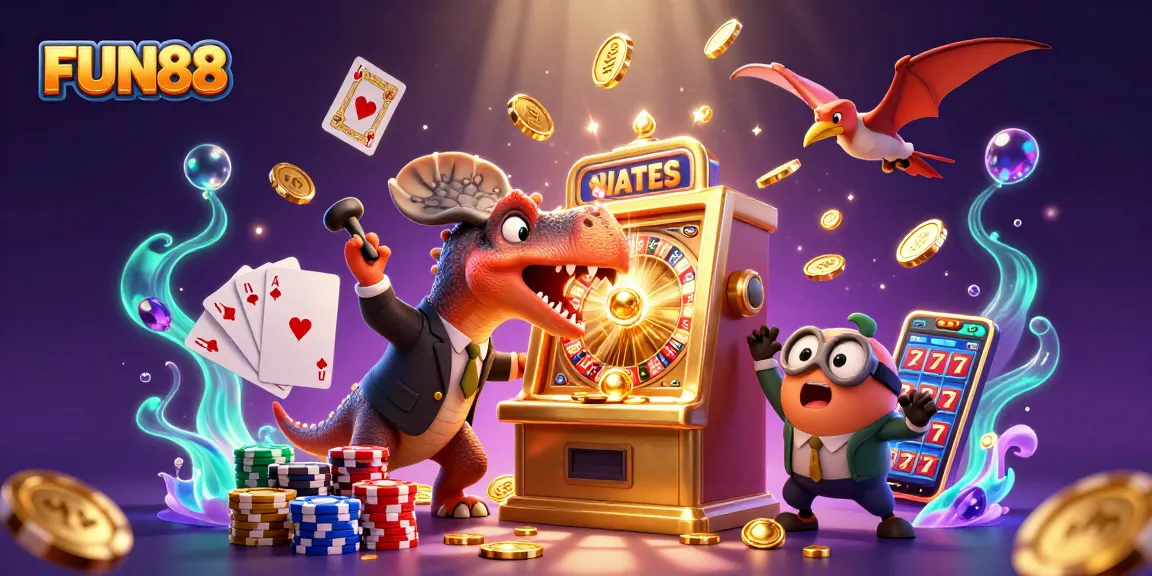 FUN88 engages players with a vibrant 3D illustration of a slot machine jackpot, highlighting casino excitement.