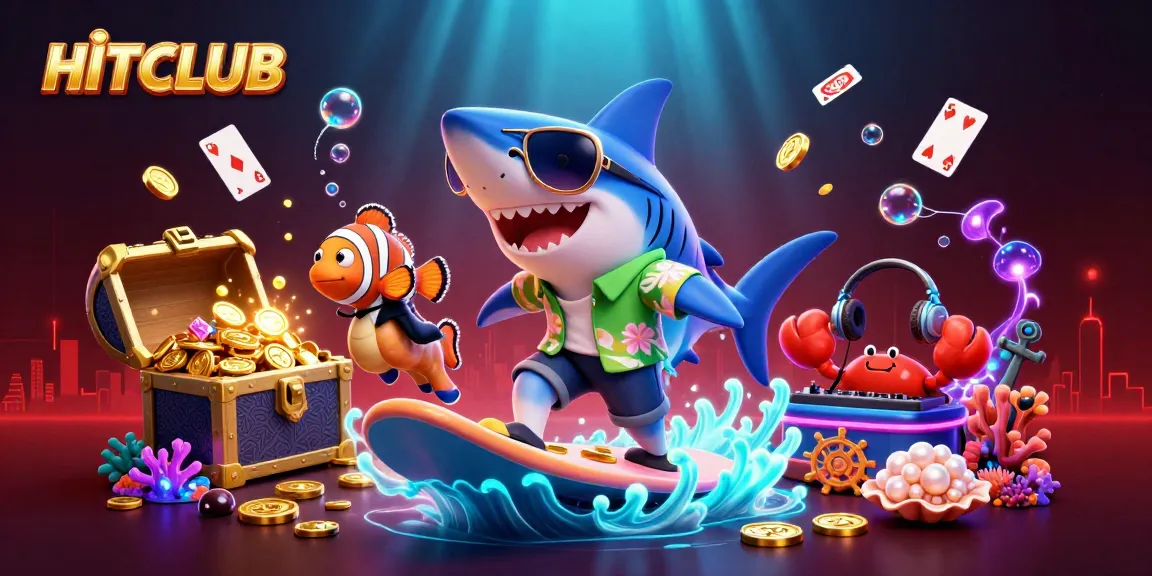 Experience HITCLUB's vibrant atmosphere with a lively 3D illustration featuring casino-themed elements.