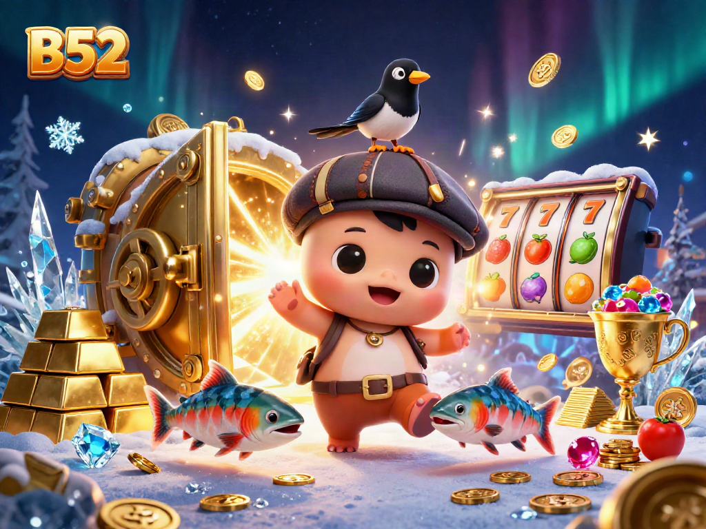 Spin and win with B52-themed casino slots featuring playful characters and sparkling treasures.