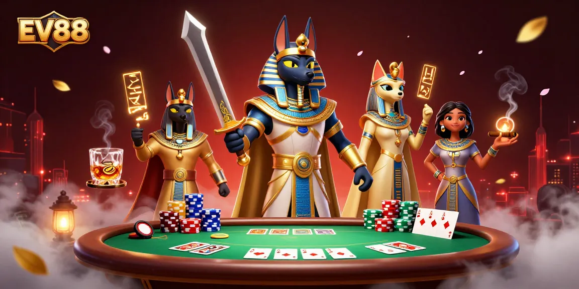 Experience thrilling games at EV88 with Anubis and Bastet amidst vibrant casino action.