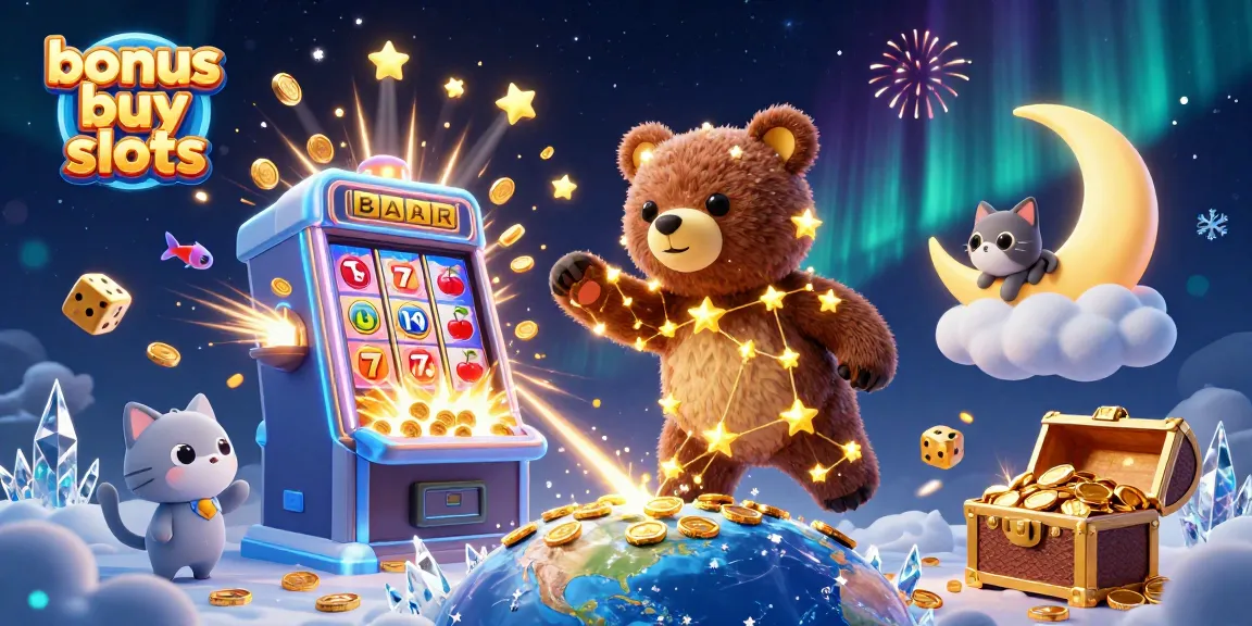 Experience the thrill of bonus buy slots with a vibrant cosmic illustration featuring a constellation bear and dynamic casino elements.