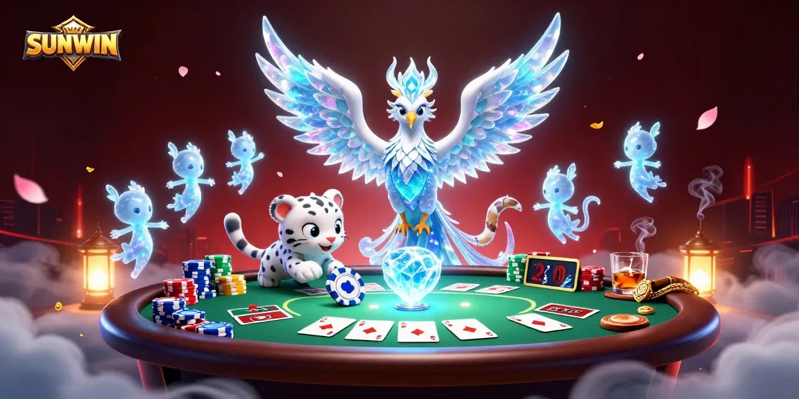 SUNWIN game night featuring a colorful poker scene with an ice phoenix and snow leopard