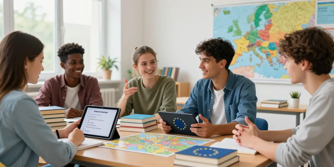 Students participating in an interactive European Union Quiz, showcasing a vibrant educational atmosphere.