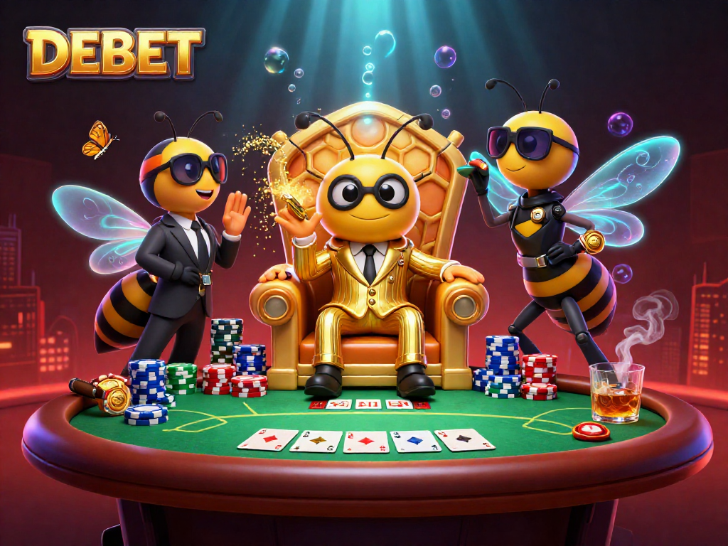 Engage in DEBET strategies at a dynamic gambling scene with a bee mob boss and poker elements.