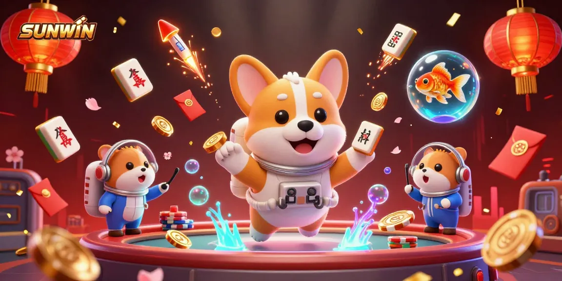 SUNWIN showcases a playful scene of a corgi in a space casino, surrounded by drifting poker items and festive decorations.