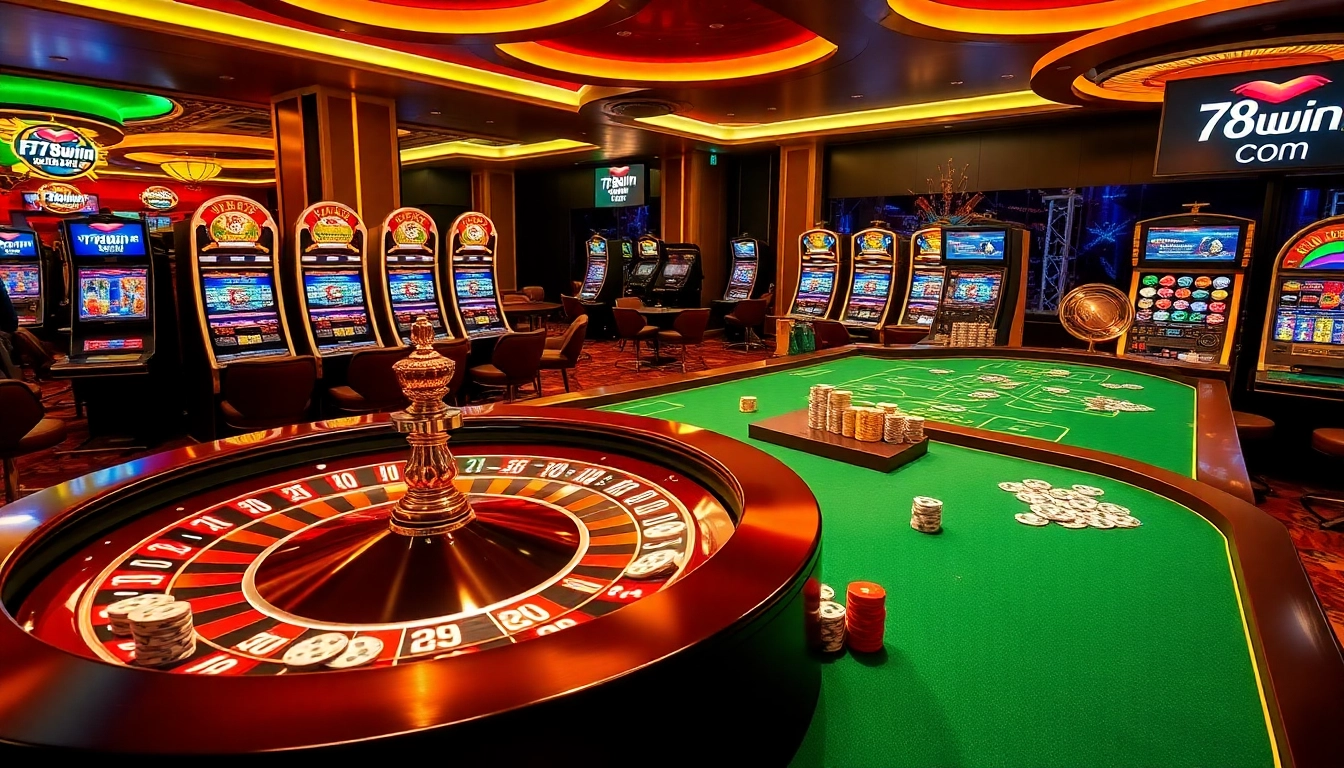 Players engage in thrilling bets at 78win Com's luxurious casino tables with vibrant slot machines.