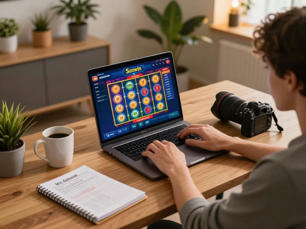 Player engaging in Sunwin online gaming on a stylish laptop, emphasizing strategic gameplay and a cozy home atmosphere.