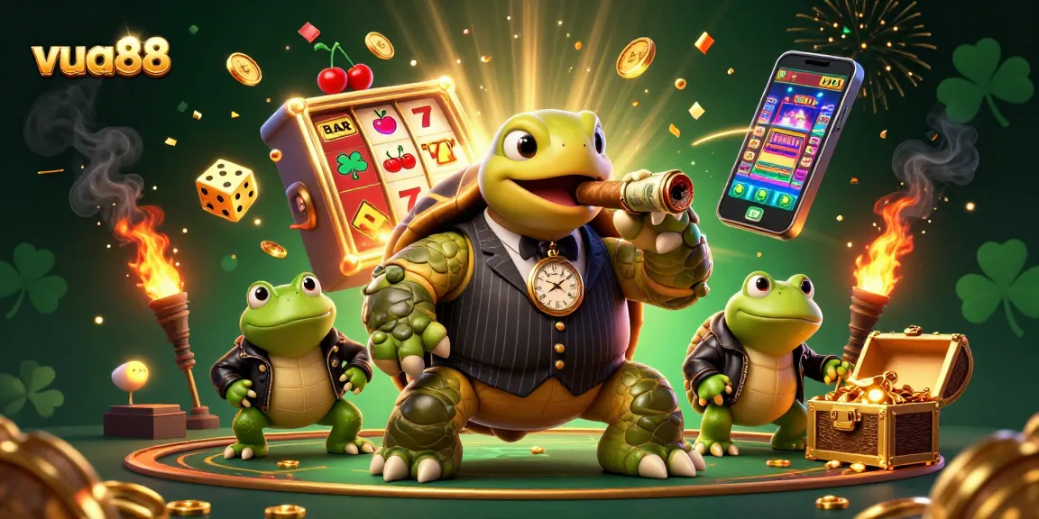 Experience exciting gameplay at vua88 with a vibrant scene of animated characters, slot machines, and casino elements.