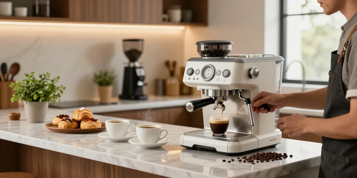 Crafting delicious espresso with ROKOK88 Espresso Machine, featuring warm home café setting and skilled barista, perfect for rokok88 slot login enthusiasts.