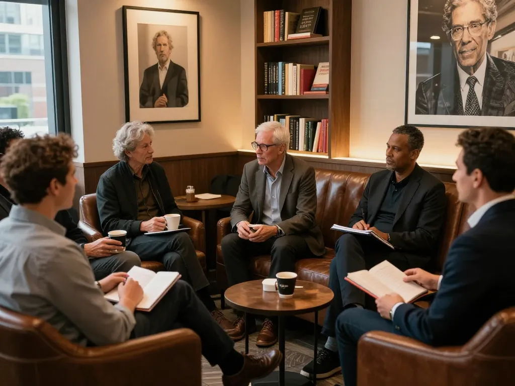 Men club gathering in a sophisticated lounge, men engaged in discussion and personal development.