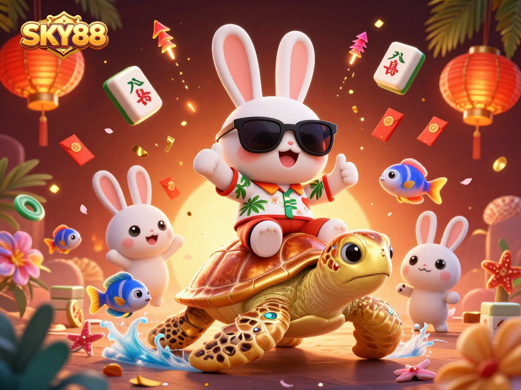 Experience thrilling gaming with SKY88’s lively rabbit and golden turtle illustration.