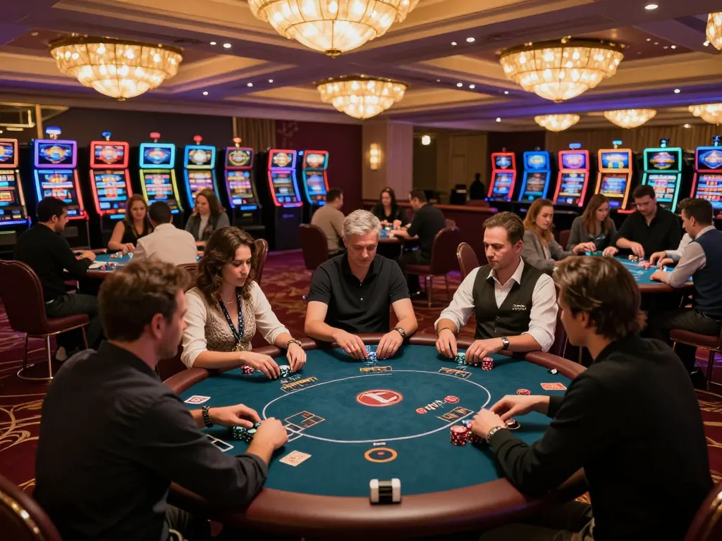 Sunwin players engaging in intense poker action at a luxurious casino table under warm ambient lighting.