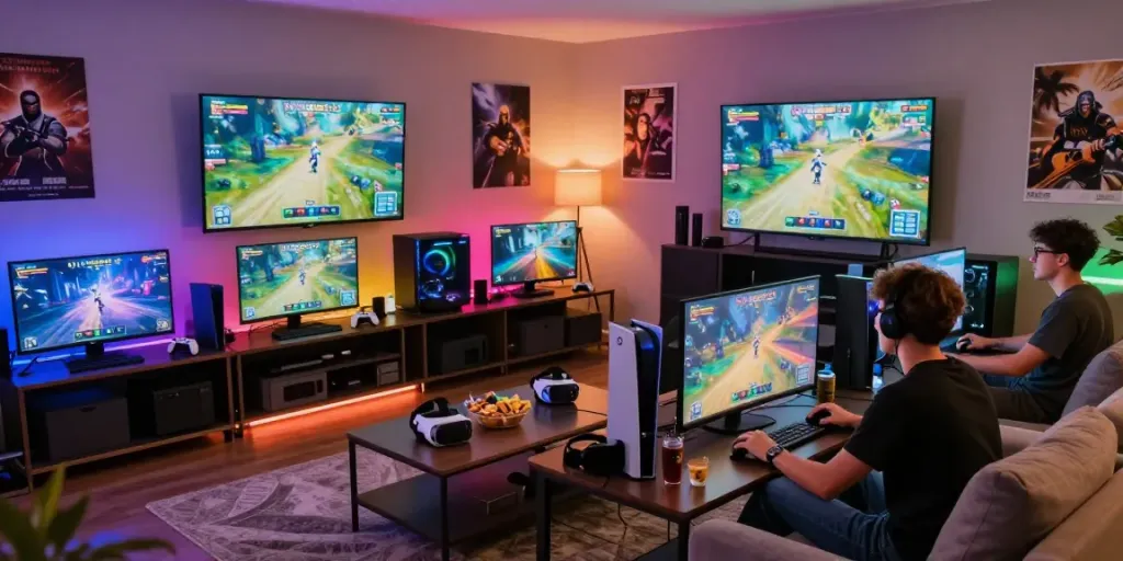 Group of friends gaming together, showcasing rokok88 lifestyle in a vibrant room with consoles and colorful decor.