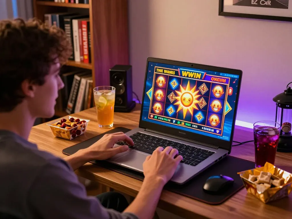 Play sunwin slot games online in a cozy home gaming setup, showcasing vibrant screen action