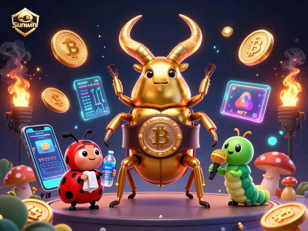 Sunwin's dynamic illustration of a boxing beetle amidst crypto-themed casino elements.