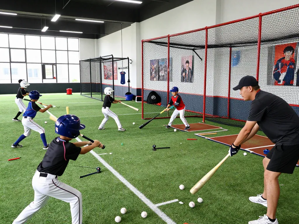 Young athletes training at the hitclub baseball facility, engaging in practice with coaches and modern equipment.