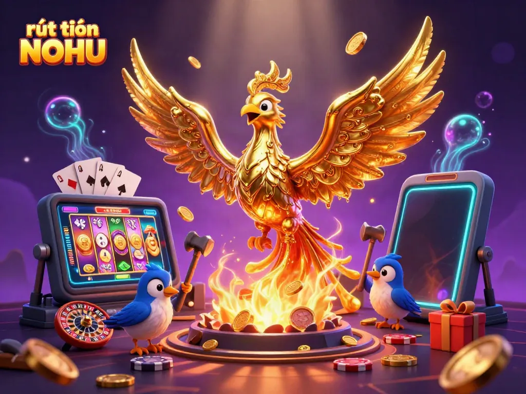 Experience rút tiền NOHU with a captivating scene featuring a molten phoenix, dynamic game elements, and rich details.