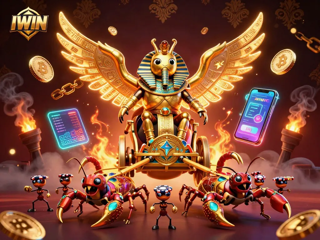 IWIN showcases thrilling casino adventures with a dynamic scarab beetle and golden elements