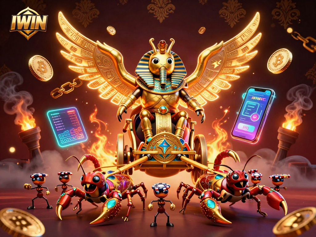 IWIN showcases thrilling casino adventures with a dynamic scarab beetle and golden elements
