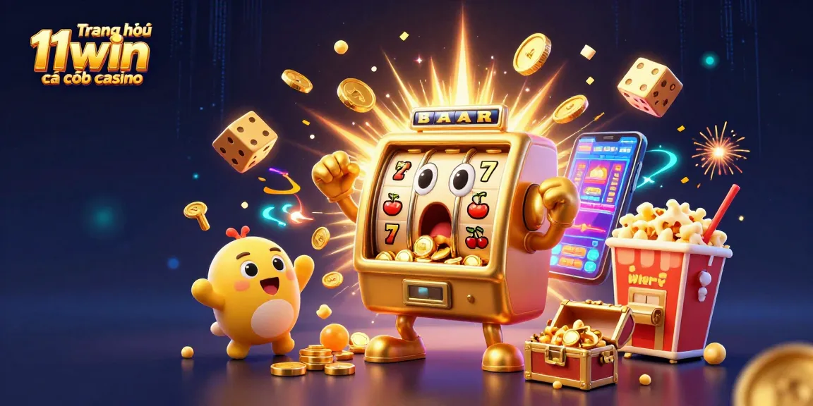 Engaging scene of Trang chủ 11win cá cược casino with a joyful slot machine celebrating wins.