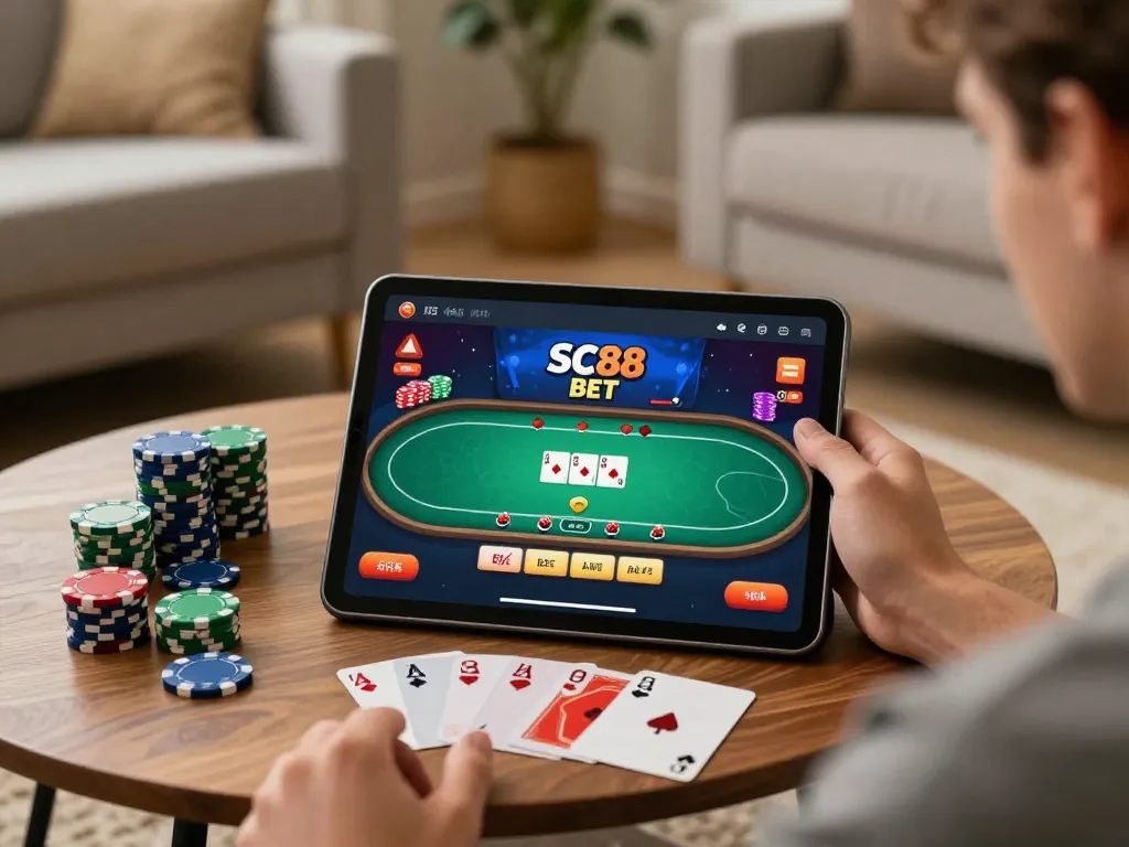 SC88 BET player enjoying an online poker game on a tablet in a cozy living room setting.