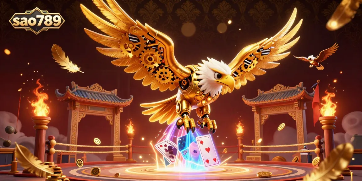 Swoop into action with the sao789 golden eagle, diving through holographic cards and betting tokens.