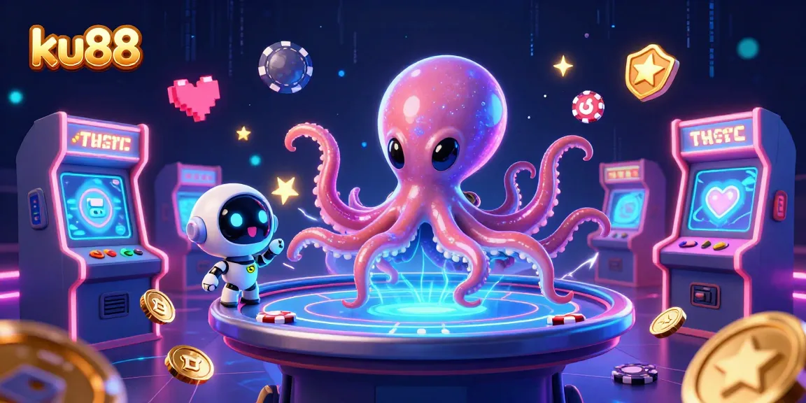 Engage with ku88's thrilling gaming experience featuring an alien octopus at a poker table.