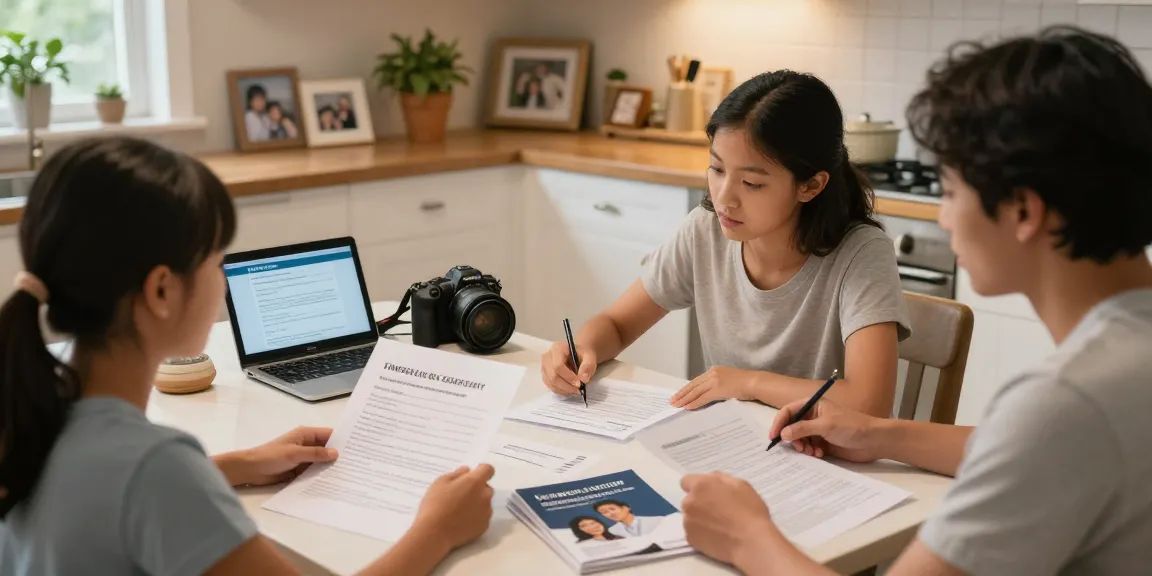 Family discussing how can you get rid of a timeshare with cancellation forms and digital devices in a warm kitchen setting.