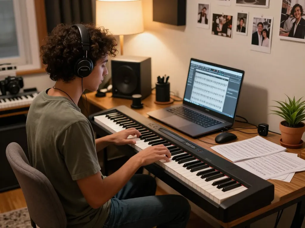 Enjoying the Roland GO 88 digital piano in a cozy home studio, fostering creativity.
